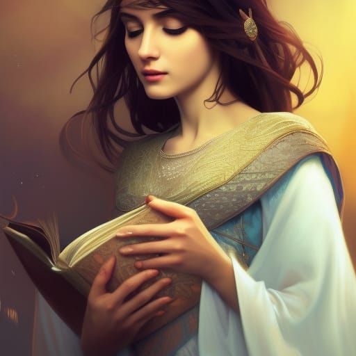 Arabian Queen Portrait with Book, Hyperdetailed Art