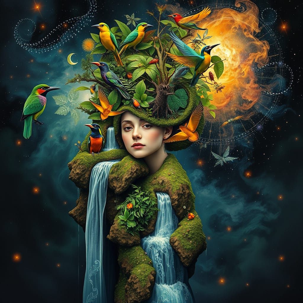 Rainforest Hair Bio-Art Collage in Surreal Style