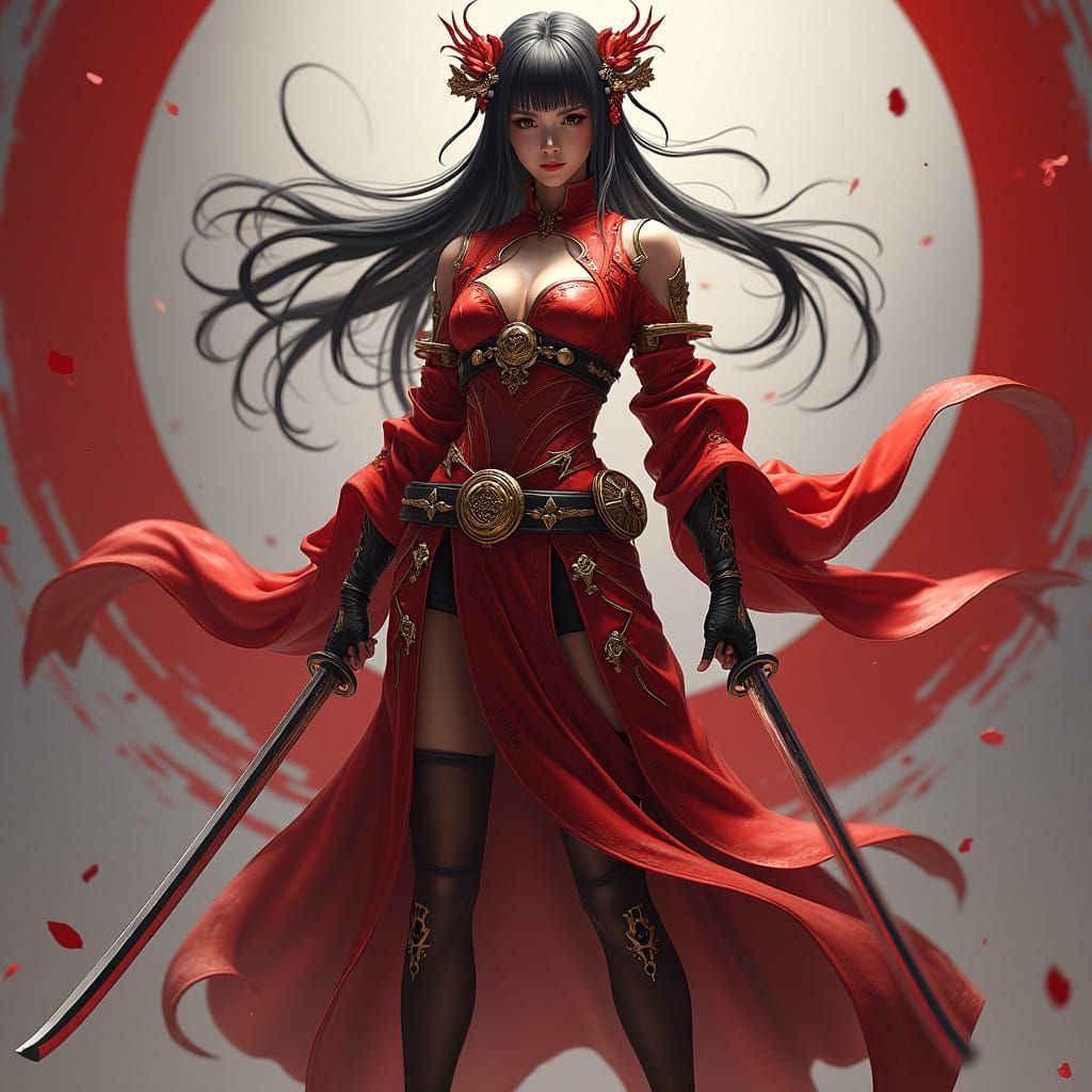 Elegant Female Ninja in Crimson Armor Wields Curved Swords