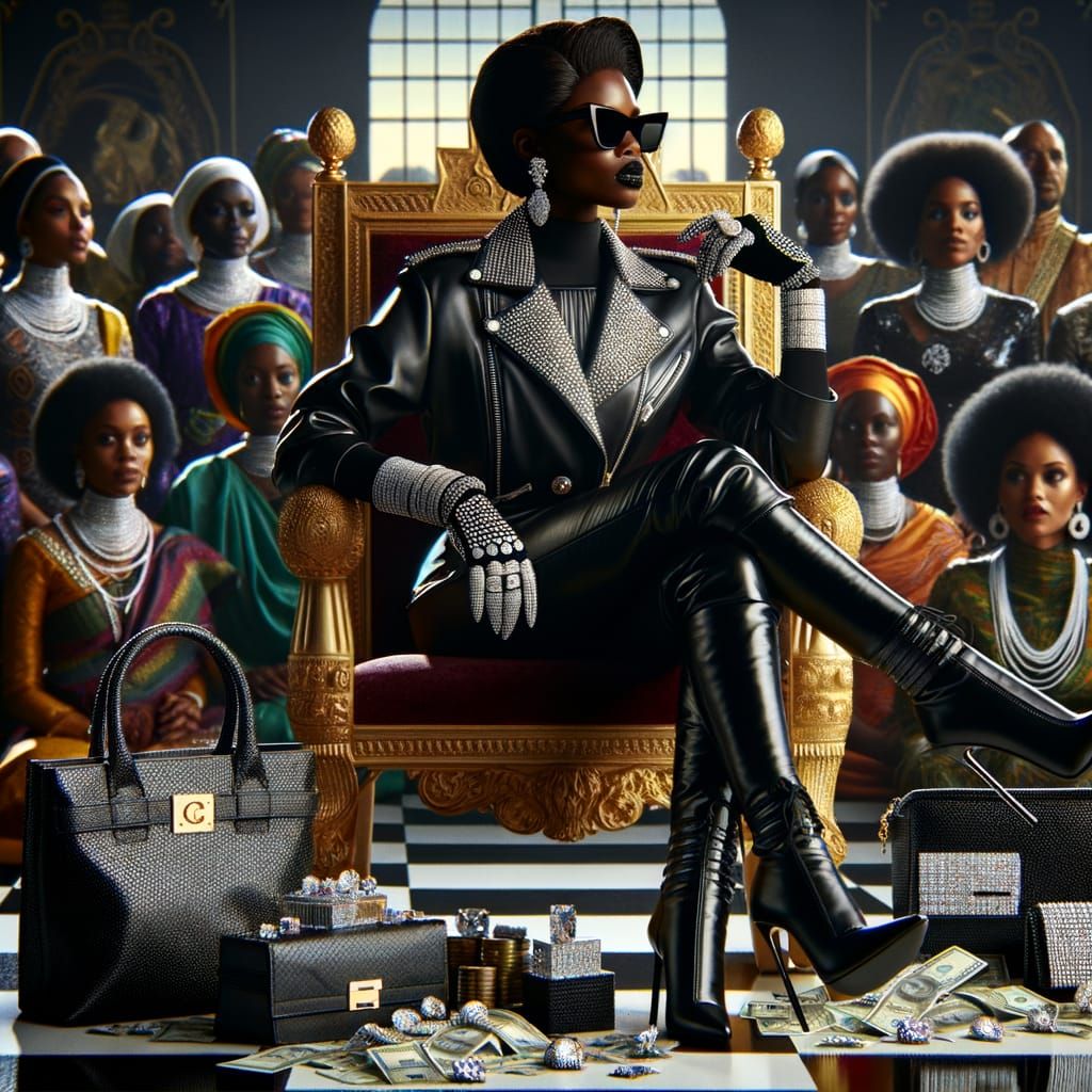 Leather-clad Queen on Throne Surrounded by Adoration