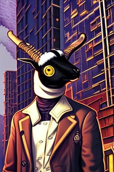 Steampunk Goat Portrait in Cyberpunk City