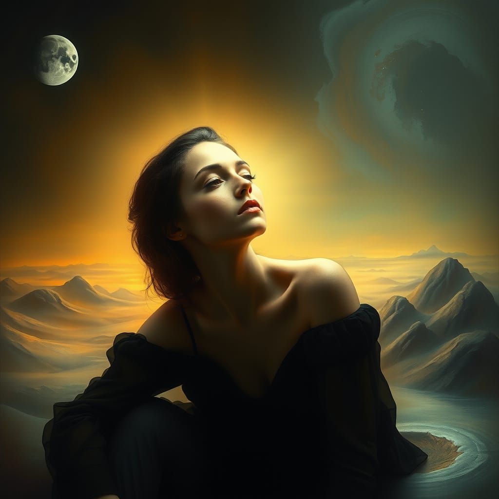 Ethereal Woman in Dreamlike Surrealist Landscape