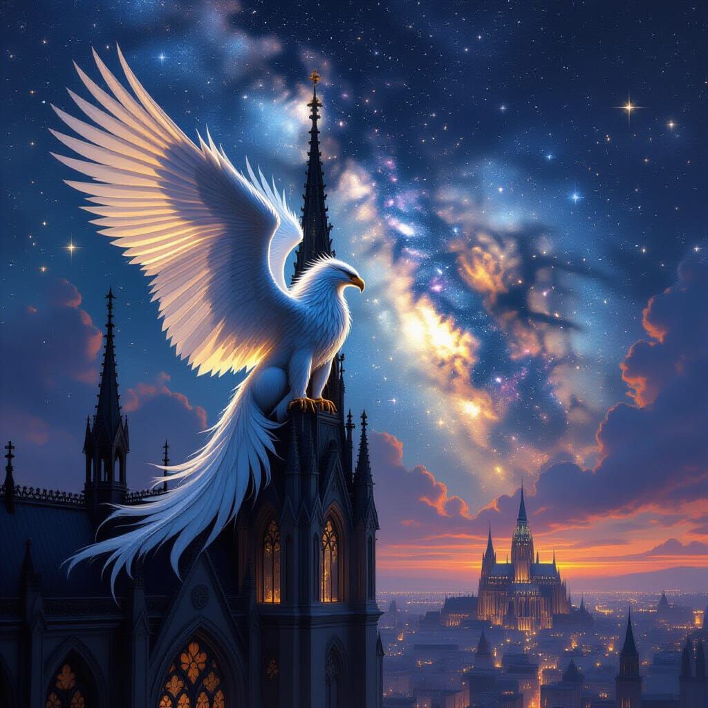 Starlight Griffin Perched on Gothic Cathedral