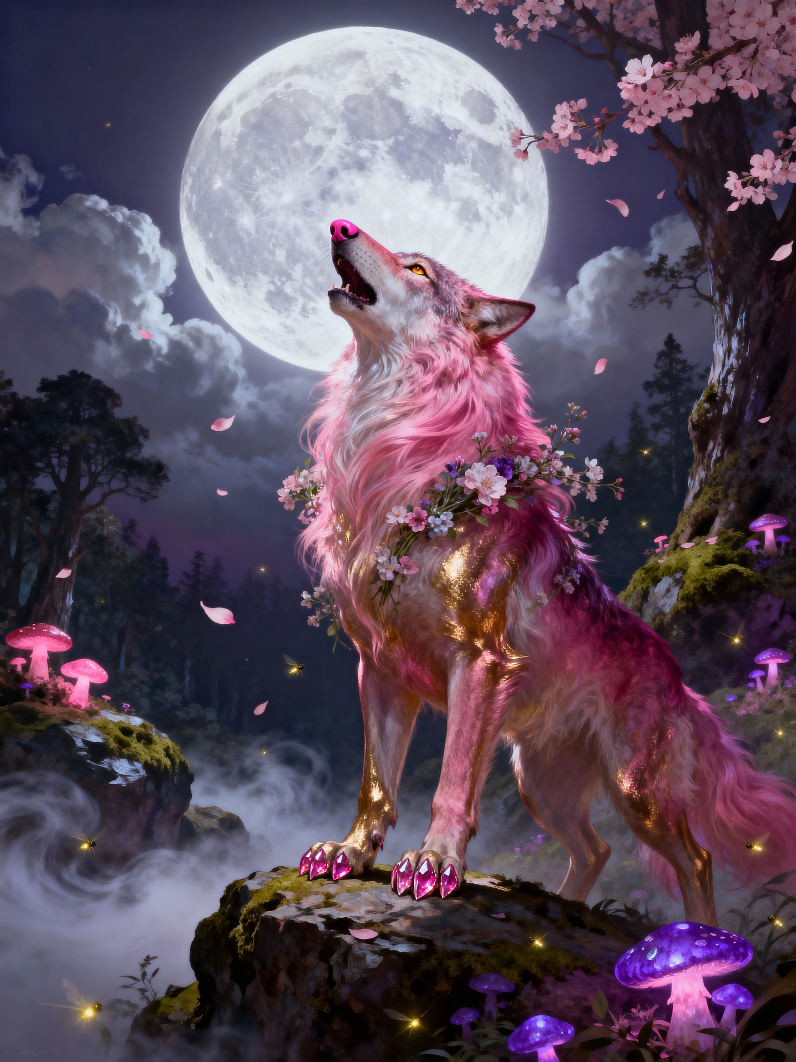 Majestic Pink Werewolf Howling at Luminous Moon