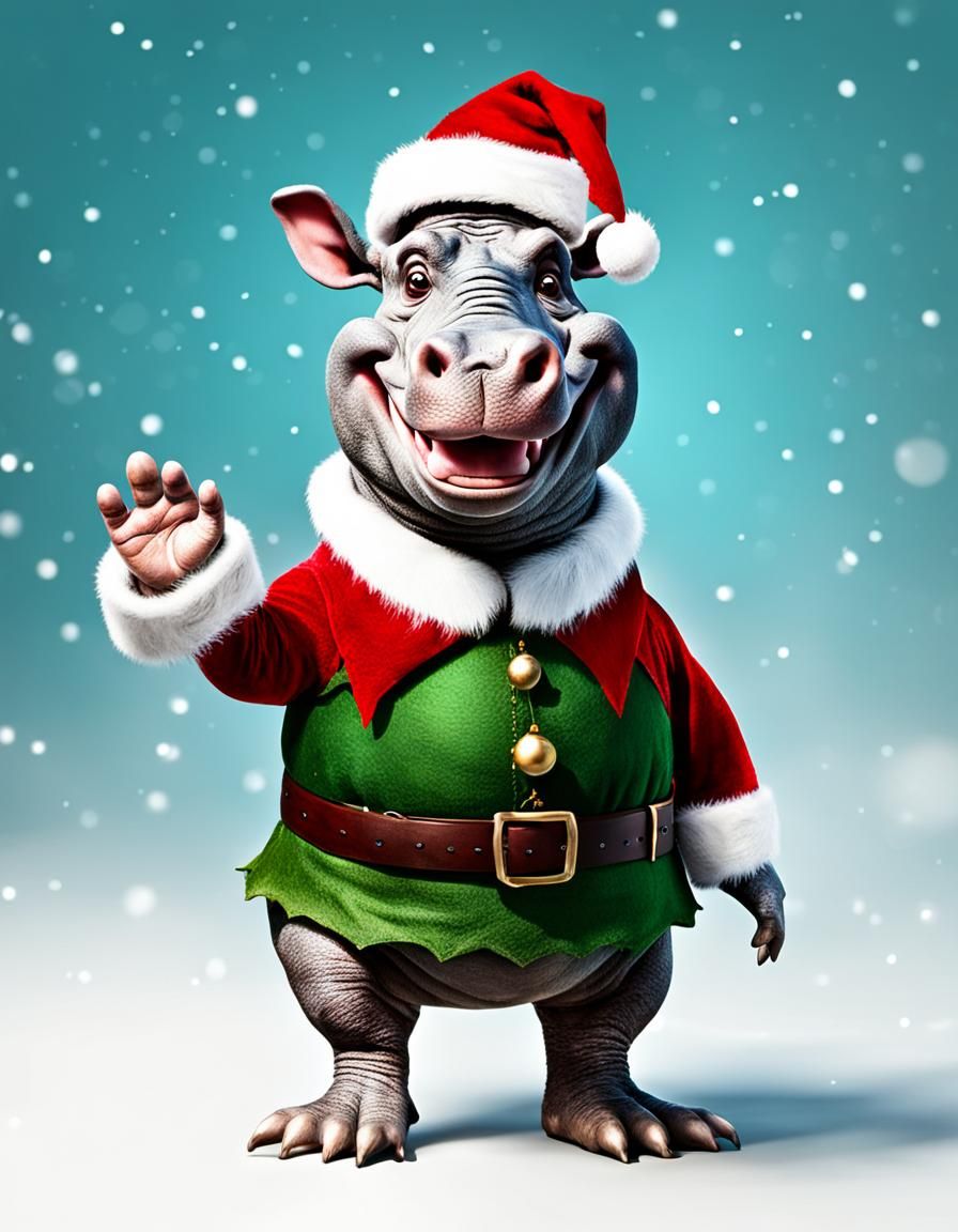 Hippopotamus Christmas Elf Waving Cheerfully