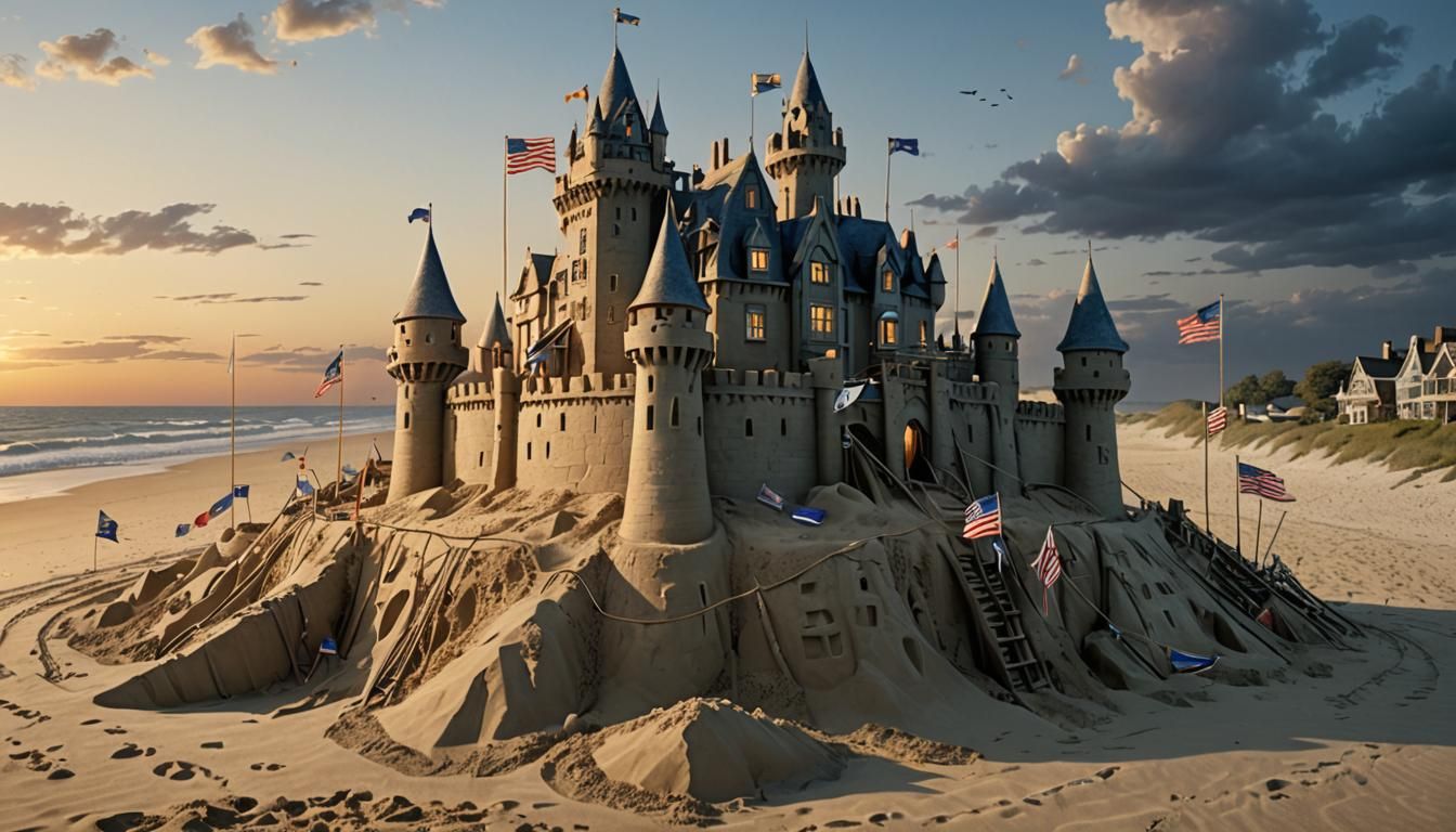 Intricate Sandcastle at Dusk in Hyper-Realistic Style