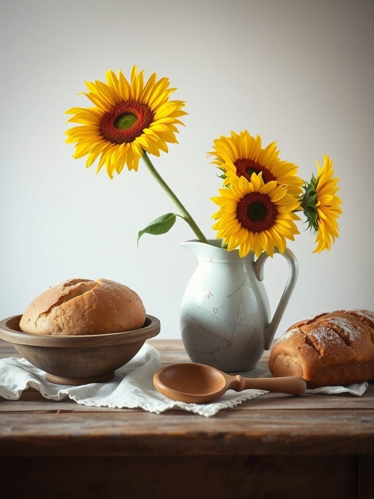 Rustic Still Life with Sunflowers and Wooden Table