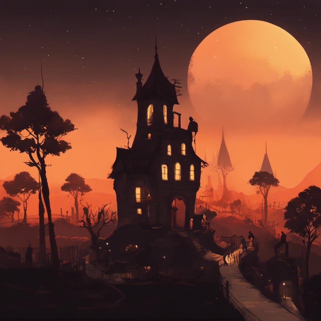 Creepy Rose Garden Under Blood Moon, Detailed Fantasy Art