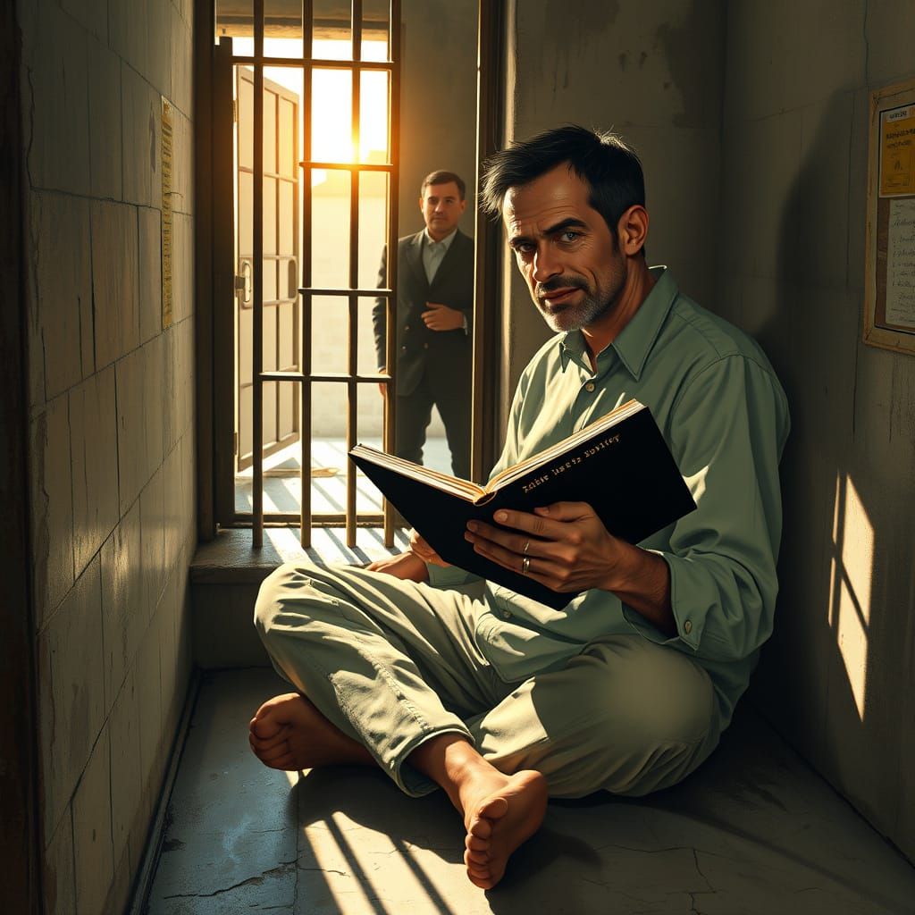 Determined Prisoner Reads Invitation in a Small Cell