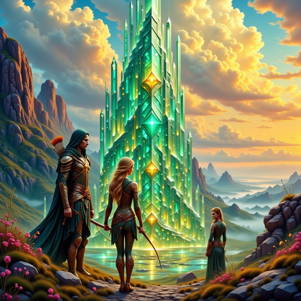Elven Magic and Immortals in a Vibrant Glass Tower Scene