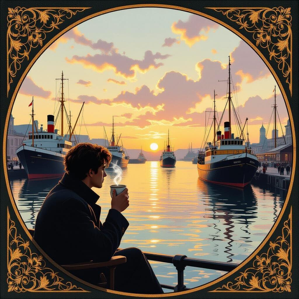 Bustling Port City at Dawn with Pastel Sky