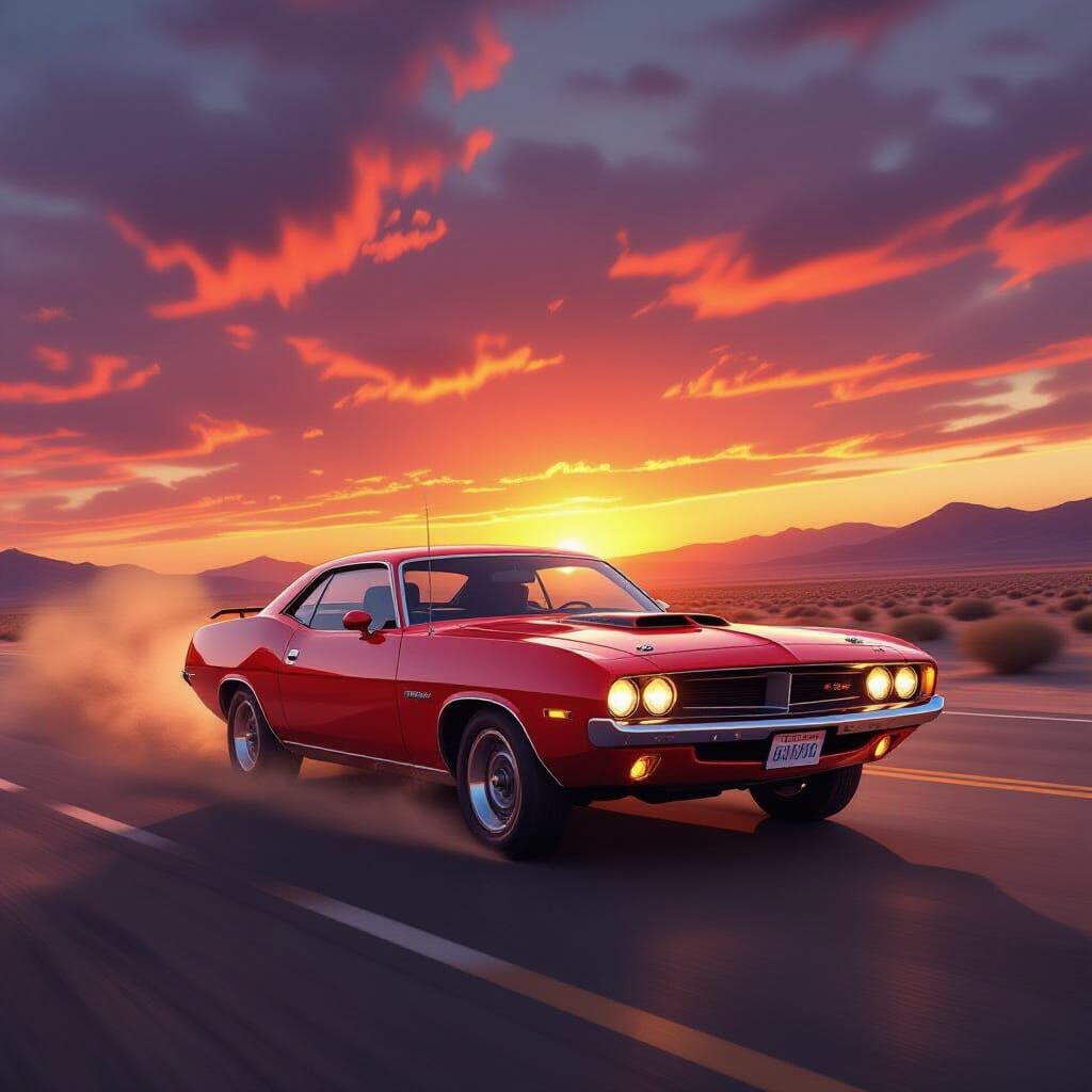 Cherry Red 1970 Plymouth Barracuda Speeds Down Desert Highwa...