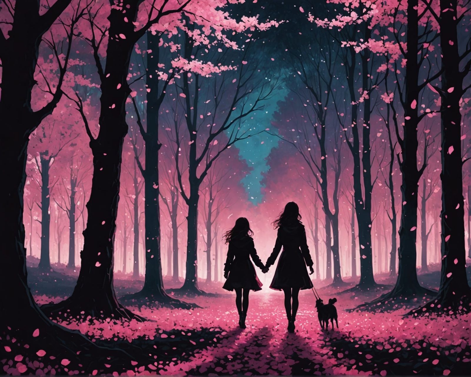 Silhouette in Cherry Blossom Forest at Night