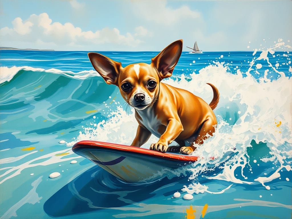 Chihuahua Surfing: A Neo-Impressionist Drawing
