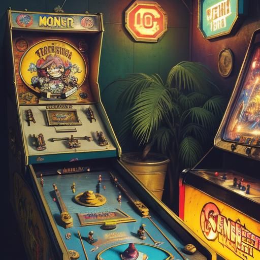 Chibi Monster Plays Pinball in Jungle Arcade