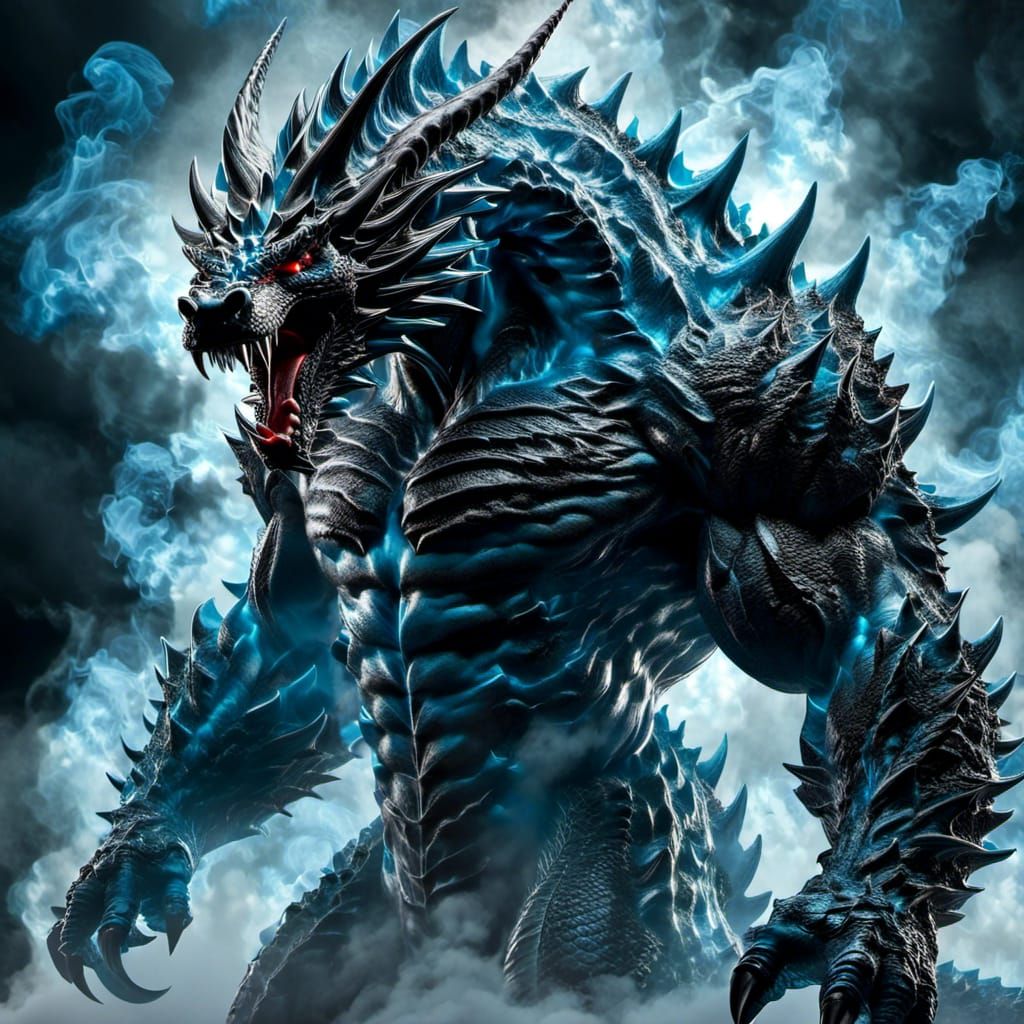 Frosty Demon Dragon Portrait in Dark Smoke