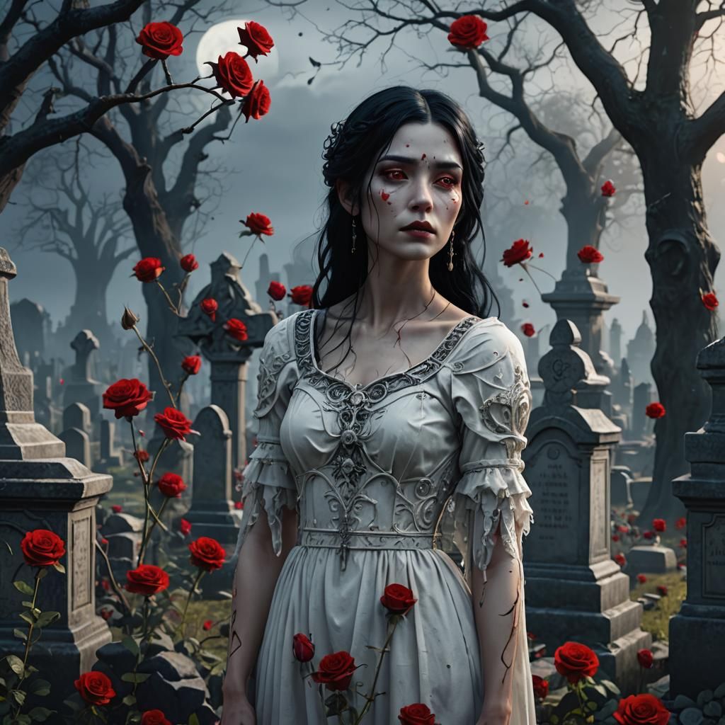 Ethereal Figure in Graveyard: Detailed Matte Painting