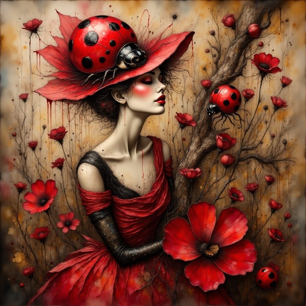 Surreal Ladybug Goddess in Red and Black