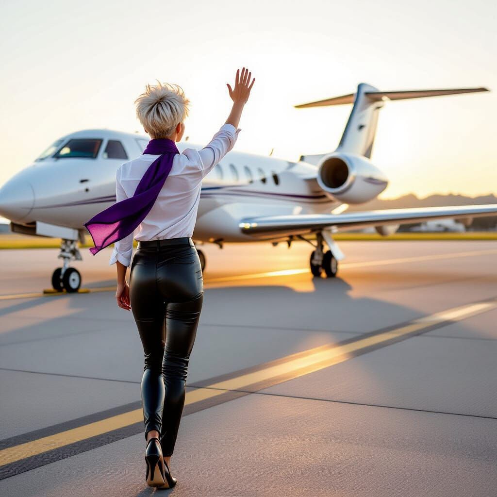 Woman in Leather Waving Goodbye to Jet at Golden Hour