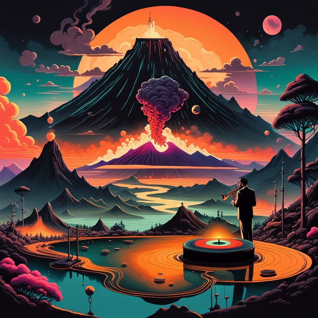 Surreal Musician at Volcanic Dusk in Film Noir Style