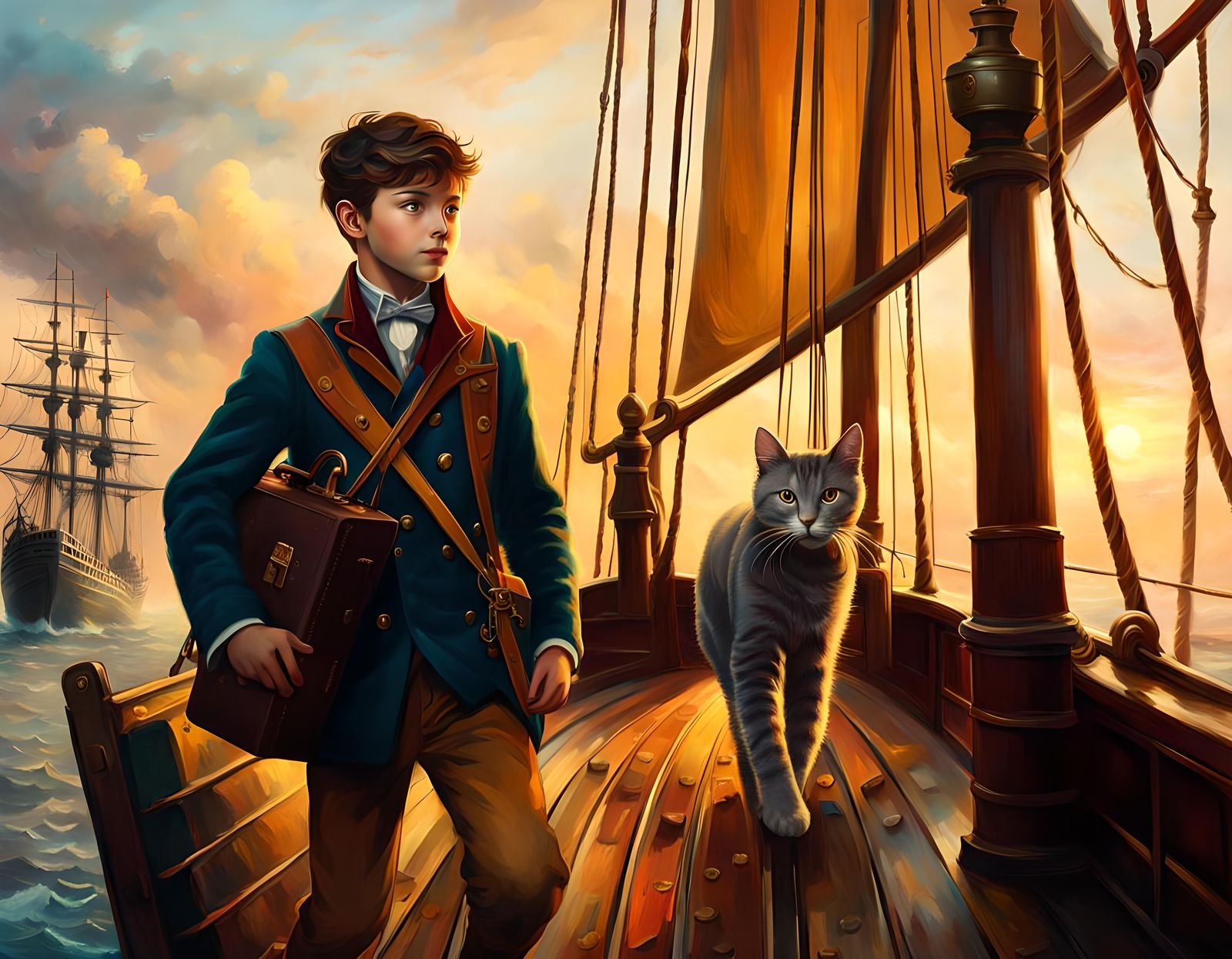 Boy and Cat Boarding Ship: Detailed Matte Painting