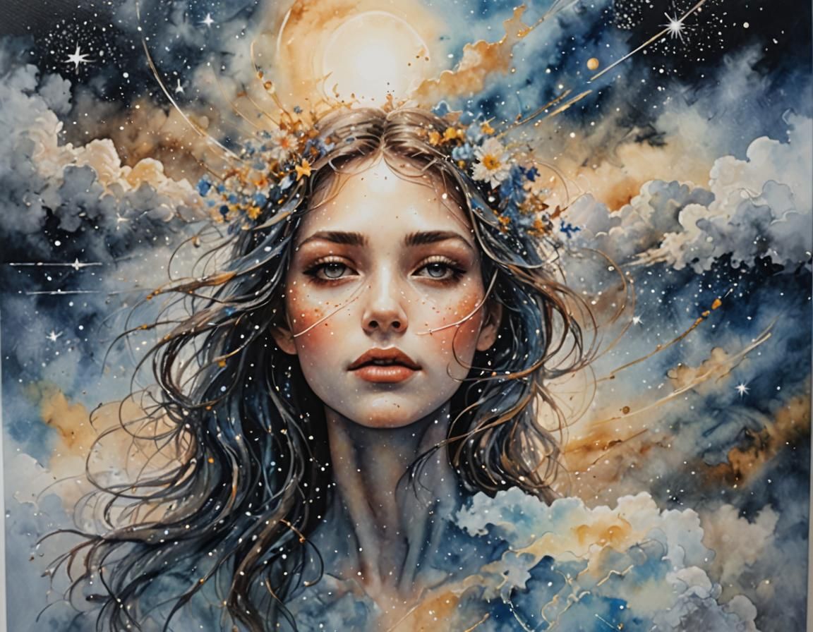 Ethereal Woman Under Stars: Hyperdetailed Acrylic Art