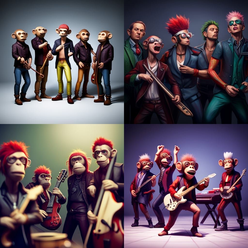 A punk rock band of monkey musicians dressed like the fashion design of Vivian Westwood hyperdetailed trending on Artsta...