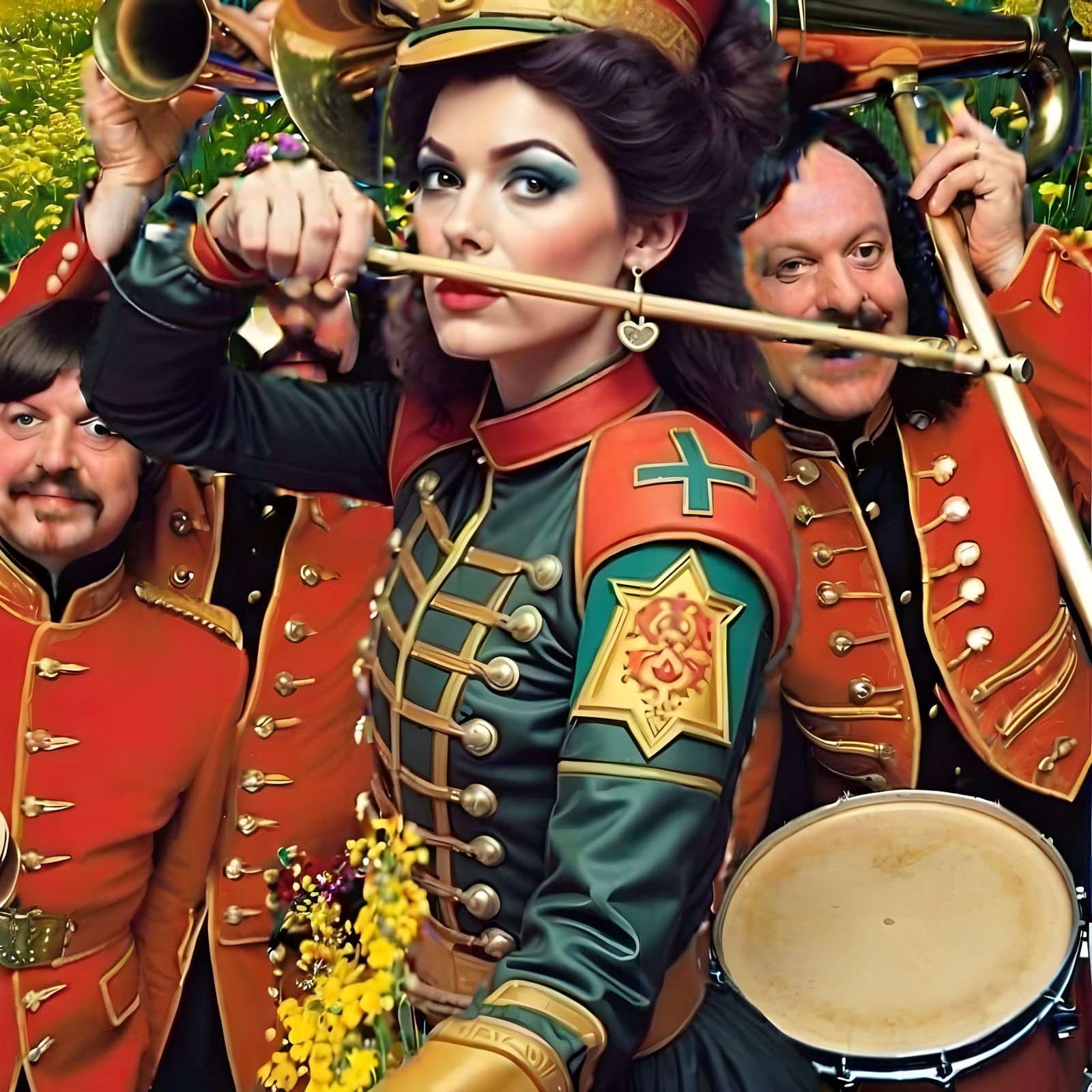 Surreal Musician in a Vibrant Floral Setting