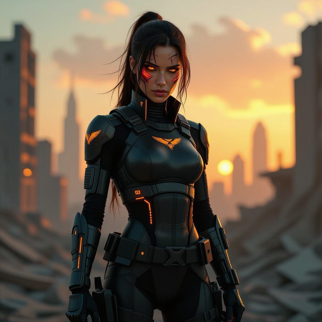 Cyberpunk Warrior in Ruined City, a Digital Illustration