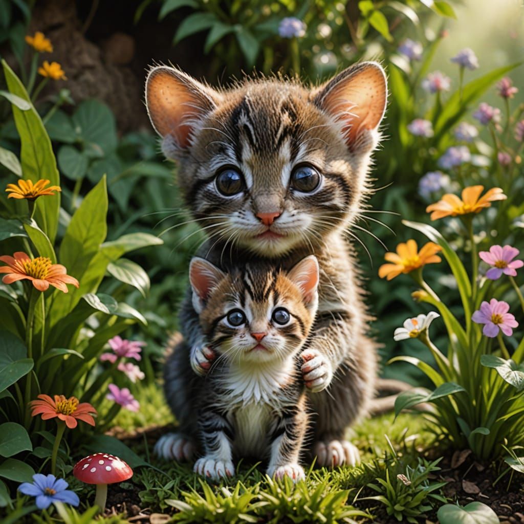 Mouse and Kitten Friendship in a Miniature Garden