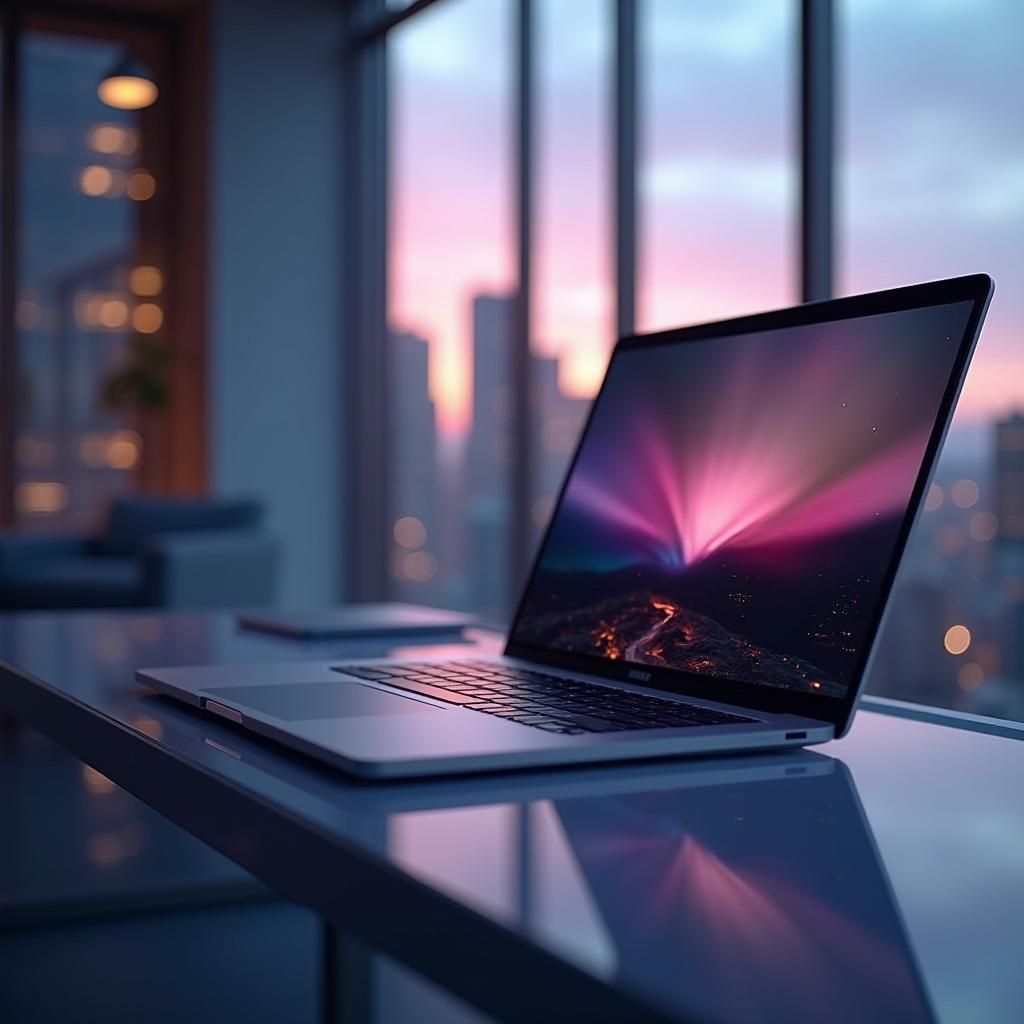 Sleek Laptop on Glass Desk in Futuristic Digital Art
