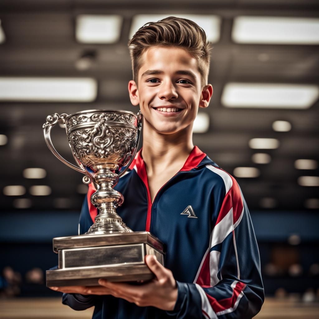 Teen Gymnast Victorious with #1 Trophy: Hyperrealistic Image
