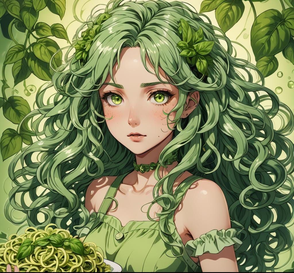 Anime Girl with Pesto Spaghetti Background