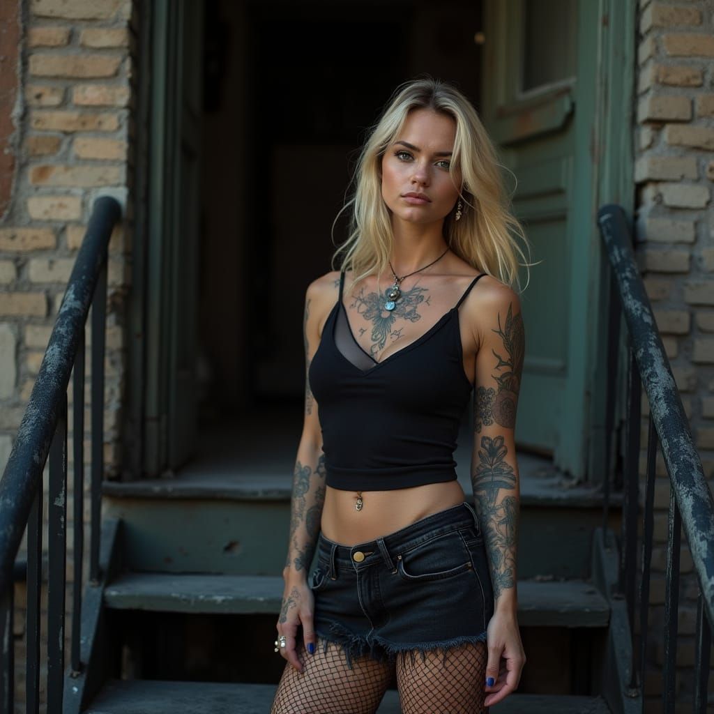 Hyperrealistic Photo of Woman on Tenement Stoop