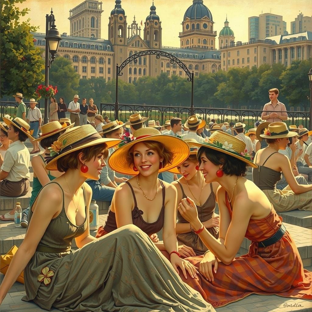 Friendly Conversations in a Lush Park Landscape