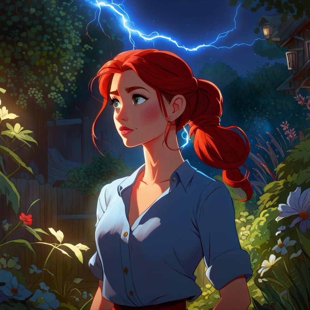 Anime Girl with Red Hair in Garden