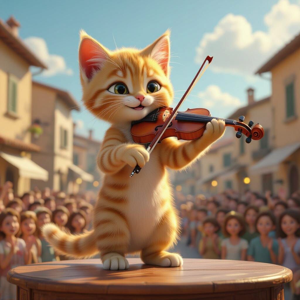 Kitten Virtuoso Serenades Tuscan Square in Pixar Style