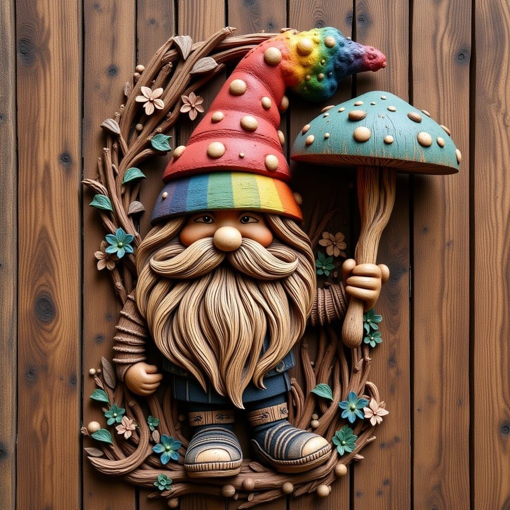 Hyperdetailed Wooden Pride Gnome with Rainbow Mushroom