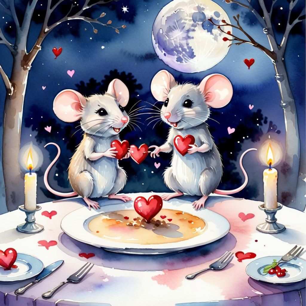 Mice Dating on Valentine's Day: Watercolor Cartoon
