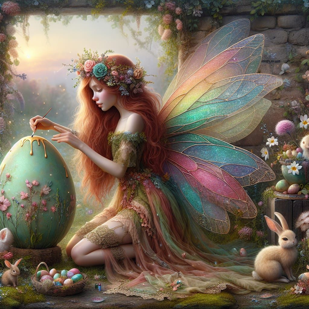 Fairy Painting Easter Egg in Magical Garden