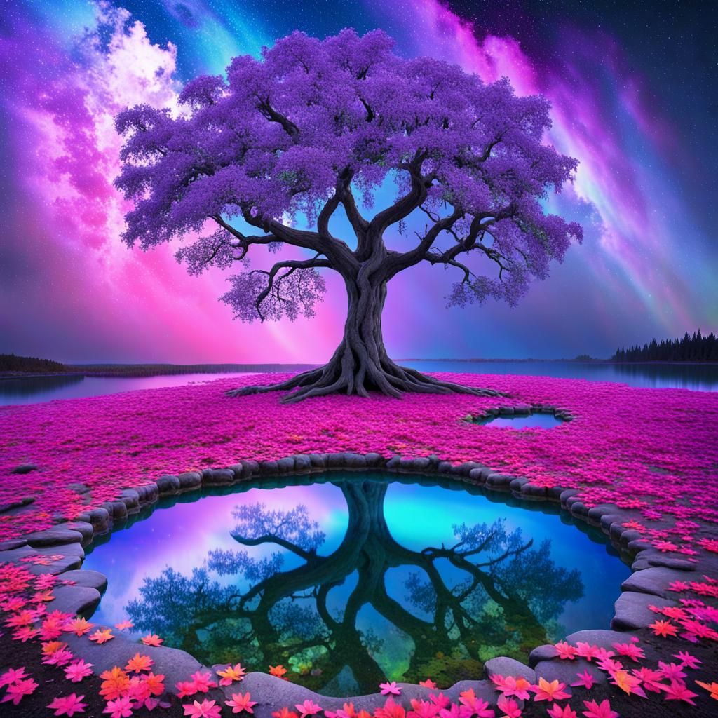 Surreal Glowing Tree with Multicolored Leaves and Aurora