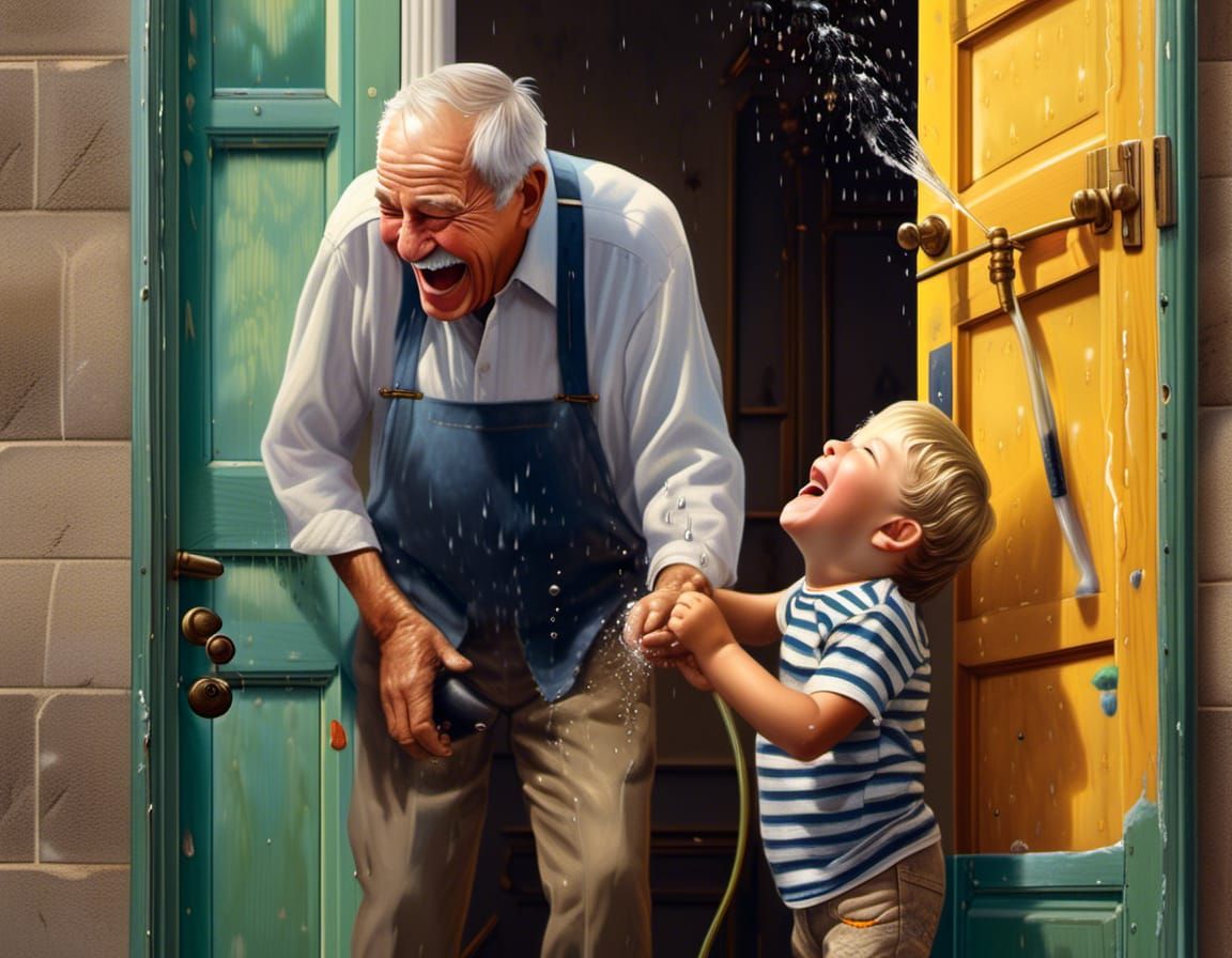 Grandfather's Water Prank: A Hyperrealistic Family Moment