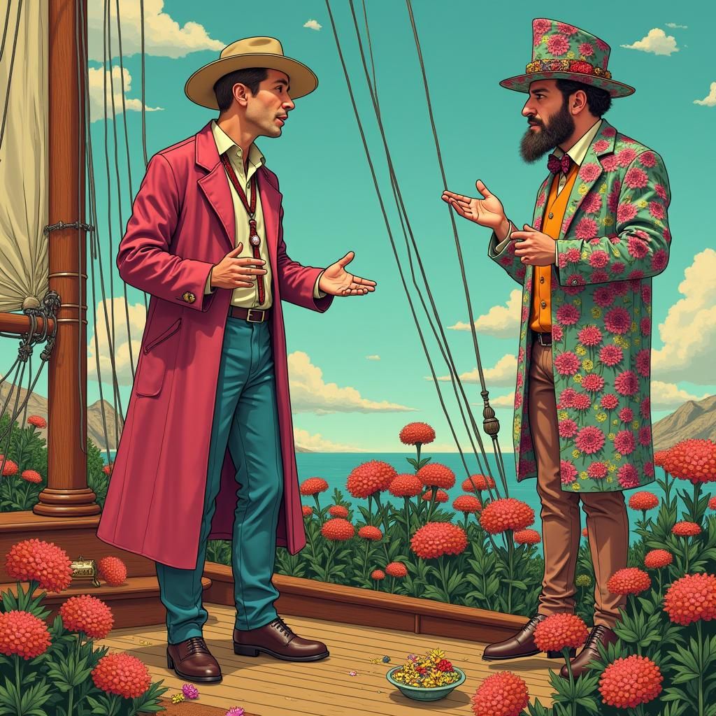 Vintage Yacht Scene with Zealot, Retro-Futuristic Art