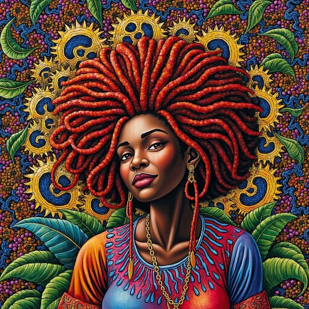 Afrogoth Woman in Psychedelic Halftone Zentangle Style