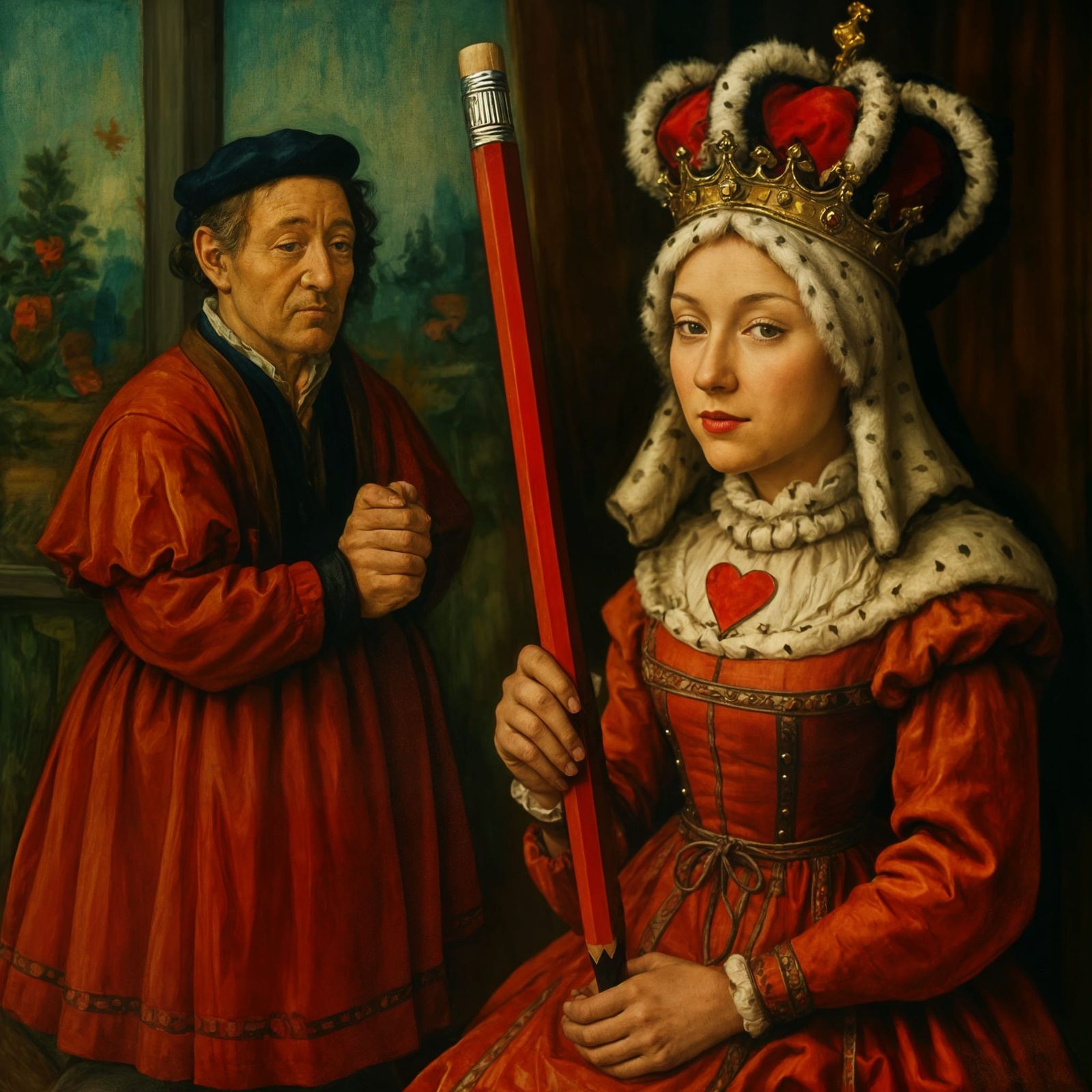 Queen of Hearts and a Pencil in a Royal Court