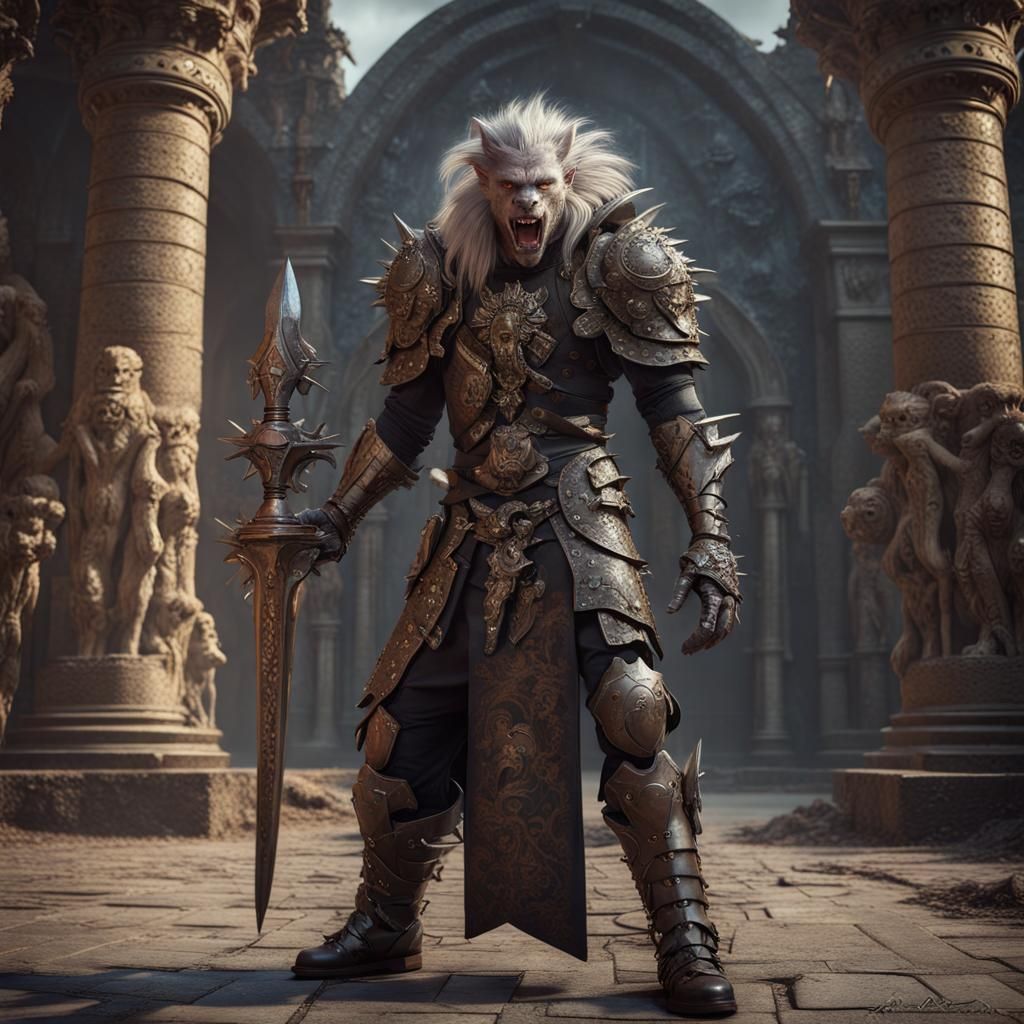 Werewolf Hybrid with Mace Outside Medieval Temple