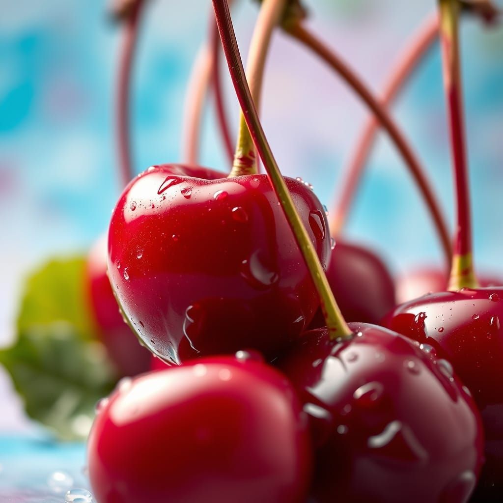Fresh Cherries with Water Droplets in Graffiti Art