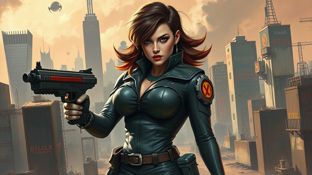 Punk Rock Woman in Dystopian Cityscape, Oil Painting Style