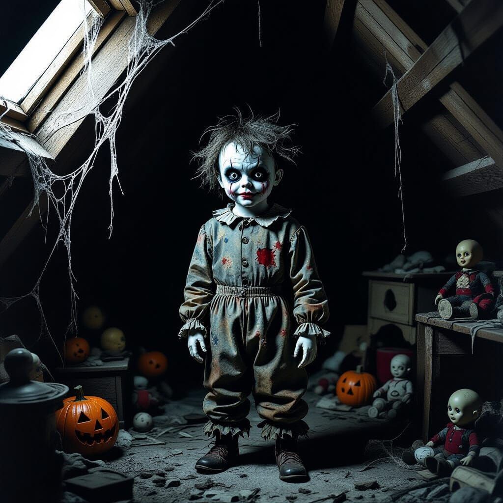 Creepy Halloween Boy in Dusty Attic