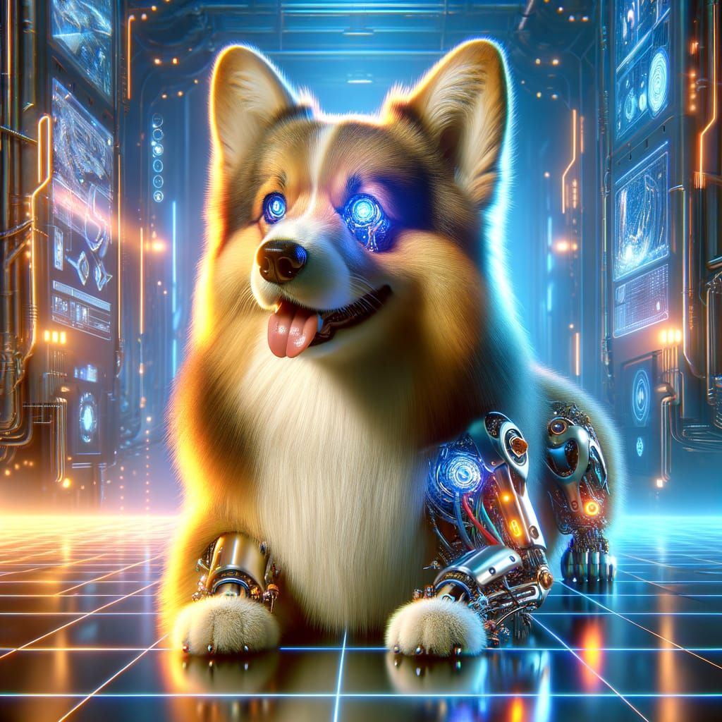 Futuristic Cyborg Corgi in Neon Cityscape